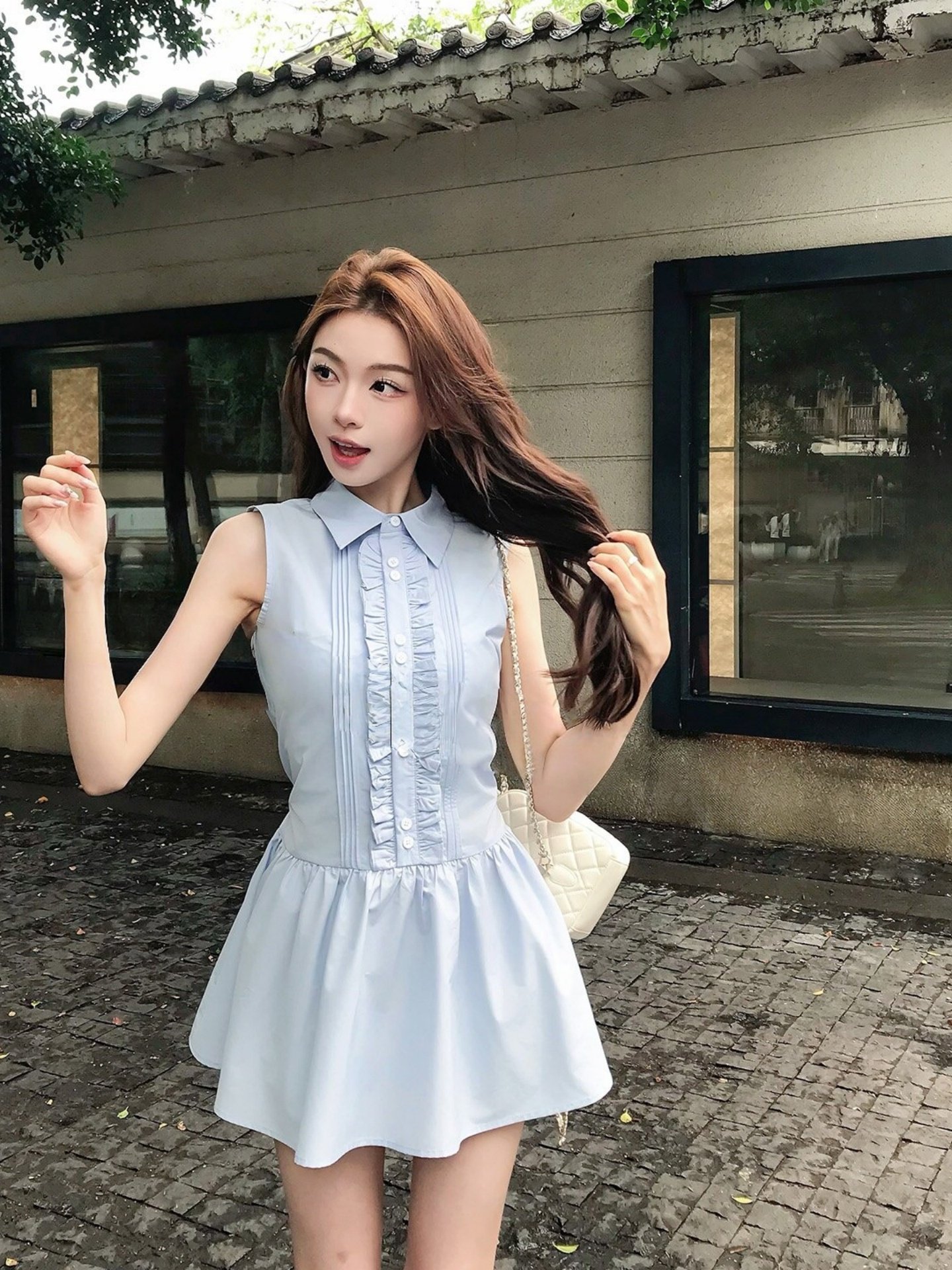 RY4181# 特别漂亮掐腰小裙子女夏小个子连衣裙polo领法式无袖背心娃娃短裙