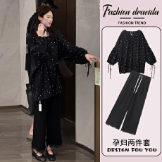 新款春装 韩系休闲黑色波点衬衫+黑色蕾丝阔腿裤套装