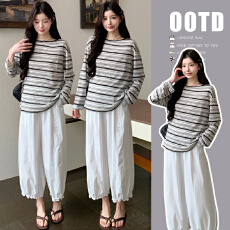 批发实拍 現货<b class='q'>孕妇</b><b class='q'>春</b>2026年新款潮妈防晒条纹打底衫两件套灯笼裤套装