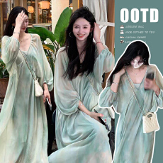 批发現货 春<b class='q'>夏</b>宽松防晒设计感长袖晕染碎花裙加打底吊带裙套装