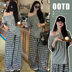 批发新款现 夏季松弛感时髦斜肩拼接上衣+格子阔腿裤 套装