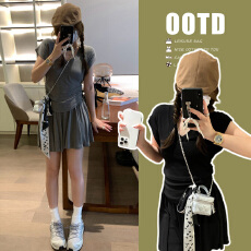 批发孕妇套装夏装2026新款韩版宽松显瘦V领短袖T恤+短裙两件套