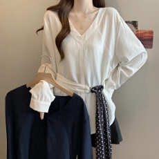 批发实拍 大码女装秋季新款设计感时尚收腰显瘦气质长袖上衣配腰带