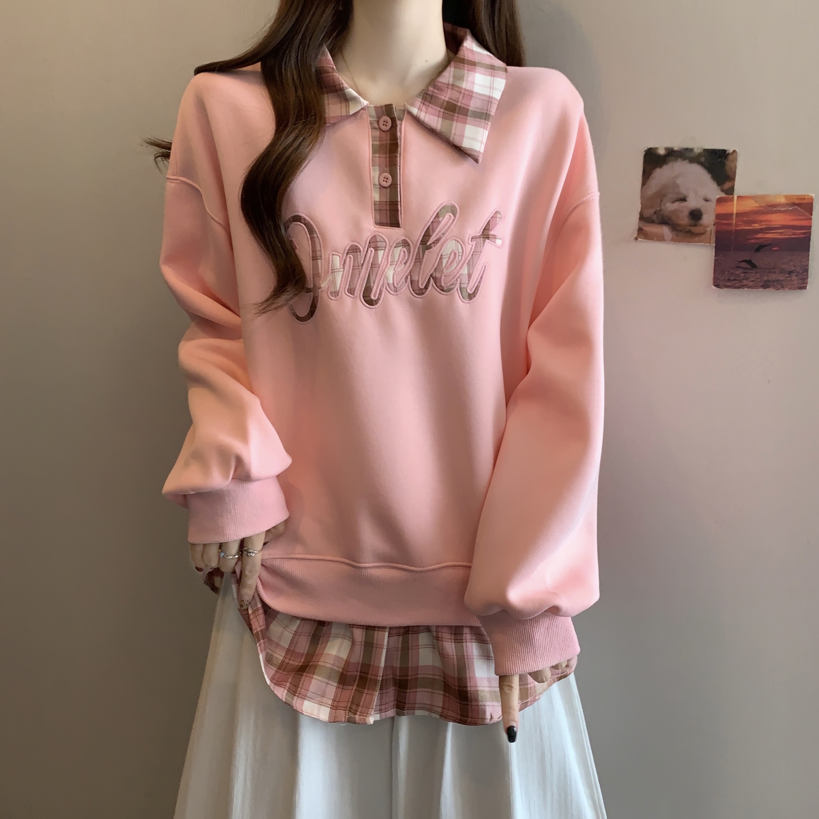 MY14404# 胖MM新款韩系假两件拼接学院风慵懒Polo领套头卫衣女裝...