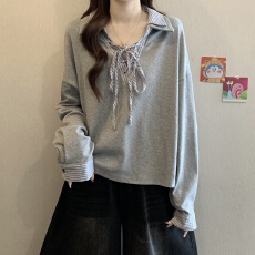 批发实拍胖MM2025<b class='q'>春</b>秋新款设计感条纹拼接polo领时尚假两件长袖卫衣