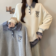 批发实拍大码女装2025秋冬新款设计感<b class='q'>假两件</b>拼接格子宽松时尚卫衣外套