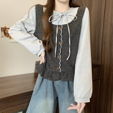 批发实拍胖MM2025秋季新款设计感小众拼接假两件刺绣木耳边长袖小衫