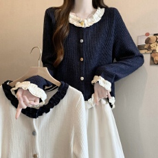 批发实拍 大码女装2025秋<b class='q'>冬</b>新款设计感花边领短款时尚长袖针织开衫