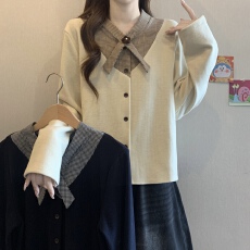 批发实拍 大码女装2025秋<b class='q'>冬</b>新款设计感格子拼接v领假两件长袖显瘦上衣