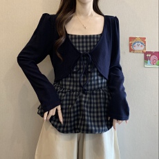 批发实拍 大码女装2025秋季新款韩系假两件格子拼接收腰减龄长袖小衫