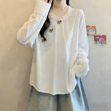 批发实拍大码女装2026早春<b class='q'>新款</b>国风重工彩钻手工小马拼接蕾丝长袖衬衣