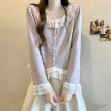 批发实拍胖MM2026早<b class='q'>秋</b>新款设计感韩系蕾丝领拼接时尚短款针织长袖上衣