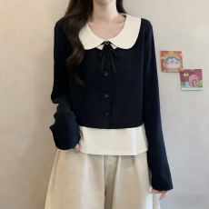 批发实拍 大码女装2026早春新款设计感小众假两件娃娃领长袖显瘦上衣