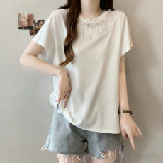 批发实拍大码女装2026夏新款气质甜美领口蕾丝订钻设计冰丝显瘦短袖T