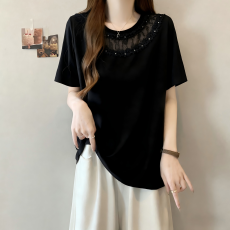 批发实拍大码女装2026夏新款气质甜美领口蕾丝订钻设计冰丝显瘦短袖T