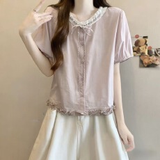 批发实拍大码女装2026夏季新款设计感木耳边下摆拼接时尚短袖短款小衫