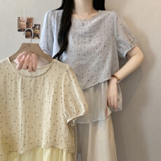 批发实拍 大码女装2026夏季新款设计感韩系假两件波点短袖宽松娃娃衫