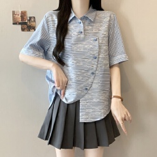 批发实拍大码女装2026<b class='q'>夏</b>季新款设计感小众不规则雷丝拼接条纹短袖衬衫