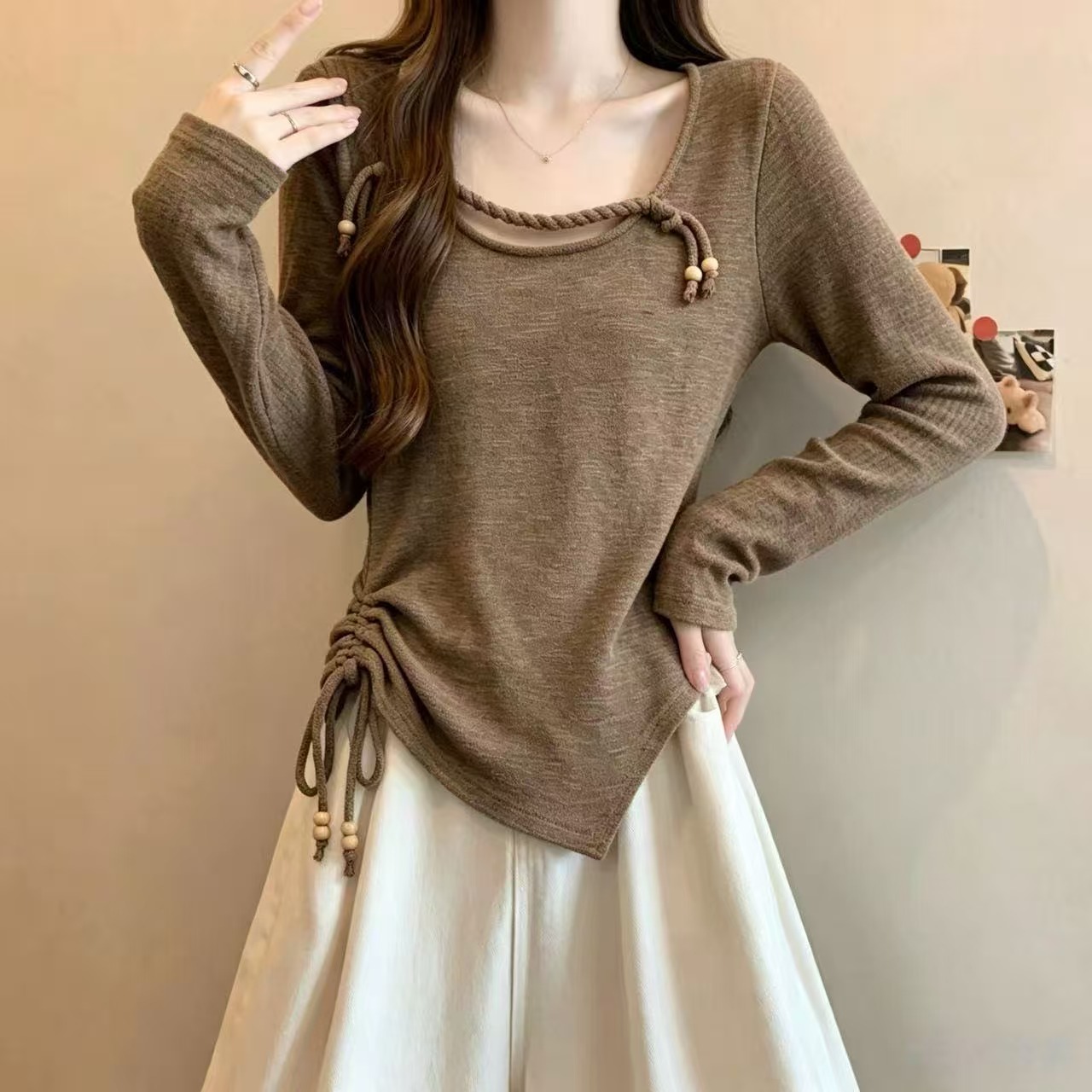 大码女装秋季新款设计感不对称长袖抽绳显瘦打底衫 服裝批發女裝批發服飾貨源