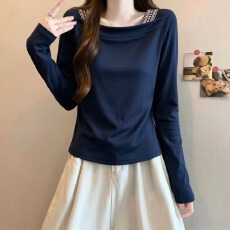 批发实拍大码女装2026<b class='q'>秋</b>季新款设计感正肩拼接织带巨好看长袖打底上衣