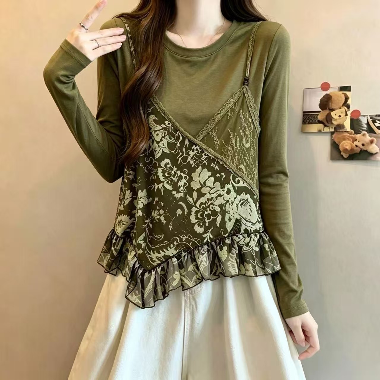 大码女装秋季新款设计感拼接蕾丝假两件巨好看长袖上衣 服裝批發女裝批發服飾貨源