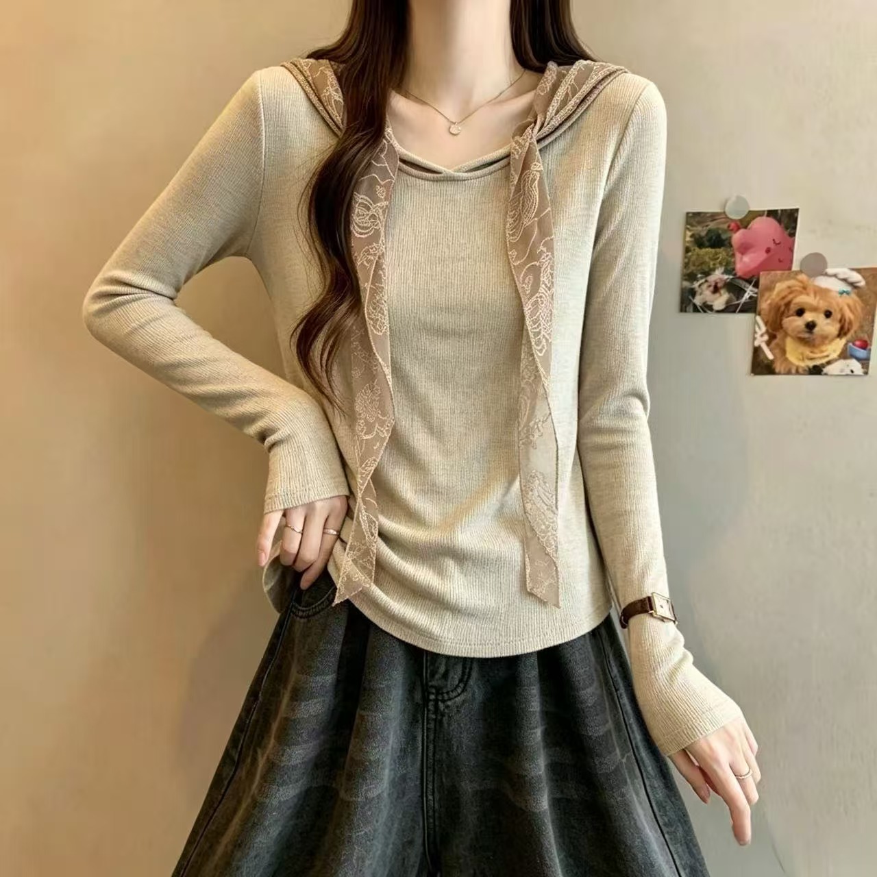大码女装秋季新款设计感丝巾拼接领垂坠感巨好看长袖上衣 服裝批發女裝批發服飾貨源
