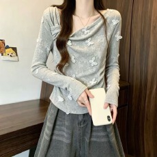 批发实拍 大码女装2026秋季新款设计感立体蝴蝶斜肩巨好看长袖上衣