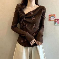 批发实拍 大码女装2026秋季新款设计感立体蝴蝶斜肩巨好看长袖上衣