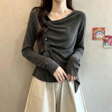 批发实拍大码女装2026秋季新款设计感小众荡领斜门襟条纹印花长袖上衣
