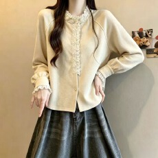 批发实拍大码<b class='q'>女</b>装2026秋季新款设计感拼接蕾丝荷叶边领巨好看长袖上衣