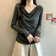 批发实拍 大码女装2026秋季新款设计感侧边收褶气质荡领波点<b class='q'>长袖</b>上衣