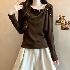 批发实拍 大码女装2026<b class='q'>秋</b>季新款设计感韩系气质斜肩巨好看长袖上衣