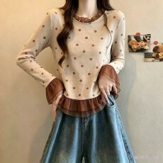 批发<b class='q'>实拍</b>胖MM2026秋季新款设计感复古圆点拼接荷叶边巨好看长袖上衣
