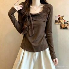 批发实拍 <b class='q'>胖</b><b class='q'>MM</b>2026秋季新款设计感蝴蝶结系带拼接方领巨好看长袖上衣