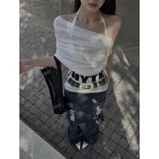 批发HYTEMOLY一字肩<b class='q'>罩衫</b>腰头切割拼接字母印花打底上衣<b class='q'>比基尼</b>两件套装