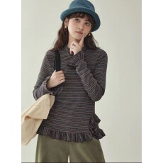 批发北岛AMUU原创设计感侧开叉花边<b class='q'>t</b><b class='q'>恤</b><b class='q'>女</b>25冬季新款长袖条纹上衣