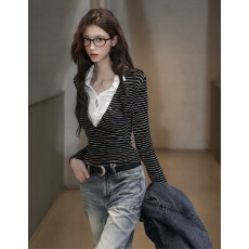 批发Bulletnini微透polo领天丝羊毛修身显瘦条纹假两件高智长袖打底<b class='q'>女</b>