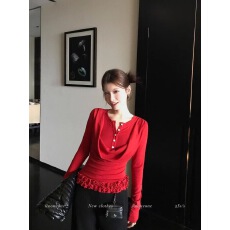 批发韩系复古荡领纽扣假两件修身显瘦长袖秋<b class='q'>冬</b>季新款设计感T恤上衣ins