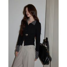 批发吵吵家韩系黑色POLO领条纹拼接T恤女2025初<b class='q'>冬</b>休闲长袖内搭上衣