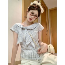 批发<b class='q'>甜美</b>可爱风斜门襟系带短袖衬衫女2025夏季新款修身显瘦百搭上衣