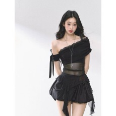 批发透感小心机 纯欲露肩<b class='q'>短袖</b>微透网纱<b class='q'>T</b><b class='q'>恤</b>女夏季设计感显瘦上衣