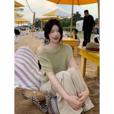 批发CHUN毫不费力美～26年夏新款  斜领蝙蝠袖两穿显瘦针织小衫