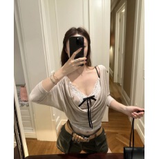 批发板栗可可Bankelili'软软冰糯衫'天丝羊毛<b class='q'>蕾丝</b>吊带/荡领罩衫套组女