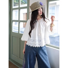 批发<b class='q'>白色</b>莱赛尔花苞袖绑带<b class='q'>衬衣</b>2026春夏季新款蕾丝薄款<b class='q'>衬衫</b>上衣女