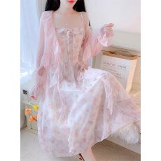 批发高级感甜美<b class='q'>雪纺</b>碎花长裙2025新款法式粉色<b class='q'>吊带</b>连衣裙两件套装女夏