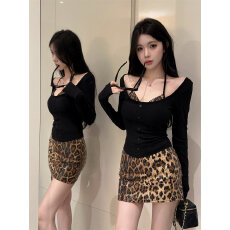 批发性感挂脖裹胸吊带露肩<b class='q'>长袖</b><b class='q'>打底衫</b>豹纹包臀裙三件套