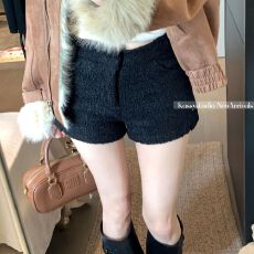 批发580克原版面料 黑色毛呢休闲短裤女冬季靴裤直筒裤高腰包臀裤子