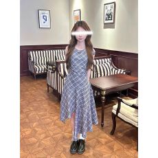 批发复古格子连衣裙女夏季气质收腰背心裙设计感小众不规则A字裙长裙