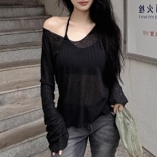 批发挂脖吊带内衣女带胸垫防晒衫长袖t恤外穿百搭夏季两件套<b class='q'>打底衫</b>薄