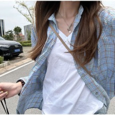 批发美式复古蓝色格子<b class='q'>衬衫</b>女早春字母刺绣<b class='q'>长袖</b><b class='q'>衬衣</b><b class='q'>情侣</b><b class='q'>宽松</b>休闲上衣潮